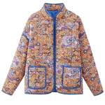 Printed Colorblock Large Pocket Stand Collar Quilted Cotton Jacket