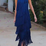 Loose Sleeveless Asymmetric Solid Color Split-Joint Tasseled One-Shoulder Maxi Dresses