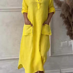 Women's Cotton and Linen Solid Color Casual Lapel Pocket Long Dress