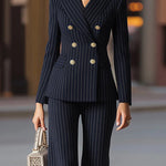Long Sleeves Buttoned Pockets Striped Notched Collar Blazer Outerwear