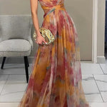 Giselle Tulle Render Floral Print Cutout Waist Back Lace-up Maxi Dress
