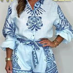 Linen Blend Unique Print Puff Sleeve Shirt and Waist Tie Loose Shorts Set