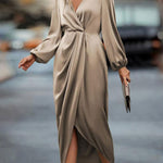 Loose Puff Sleeves Pleated Solid Color Split-Joint V-neck Midi Dresses