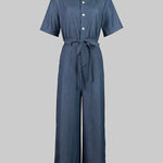 Short Sleeves Solid Color Tied Waist V-Neck Denim Jumpsuits
