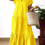 A-Line Loose Pleated Solid Color Split-Joint V-Neck Maxi Dresses