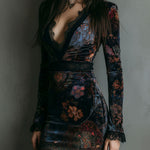 Boho Floral Print V-Neck Velvet Bodycon Mini Dress With Lace Trim