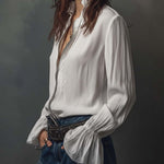 White Zip-Front Blouse With Flounce Cuffs