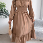 A-Line Elasticated Waist Pleated Solid Color Round-Neck Maxi Dresses