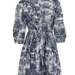 Loose Puff Sleeves Pleated Printed Split-Joint Tied Waist Lapel Mini Dresses Shirt Dress