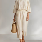 Women's Ivory Cotton Set With Boat Neck & Elastic Waist, Timeless Minimalist-Casual Style Set MDZ2062A3I
