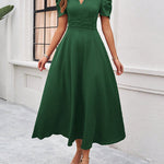 A-Line High Waisted Pleated Solid Color Zipper V-Neck Maxi Dresses