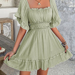 A-line High Waisted Elasticity Pleated Ruffle Trim Solid Color Square-neck Mini Dresses