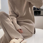 Urban Loose Solid Round-Neck Split-Side Sweater& Wide Leg Pants Suits