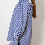 Striped Print Ruffled Long Sleeve Pockets Loose Shirt