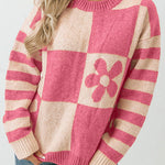 Checkered and Striped Knitted Pullover Sweater