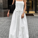 Loose Sleeveless Pleated Solid Color Split-Joint Spaghetti-Neck Midi Dresses