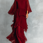 Women's Burgundy Chiffon Fabric Bell-Sleeve Maxi Dress With Layered Ruffled Skirt