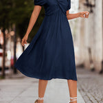 A-Line High Waisted Elasticity Knot Pleated Solid Color Split-Joint V-Neck Midi Dresses
