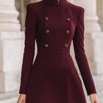 Vintage Stand Collar Double-Breasted Waist-Cinched A-Line Dress