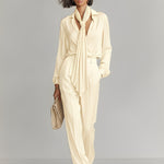 Women's Cream Satin Set With Tie-Neck Blouse & Tailored Wide-Leg Pants, Timeless Luxe-Casual Style Set