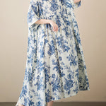 Loose Short Sleeves Floral Printed Pleated Split-Joint Round-Neck Midi Dresses