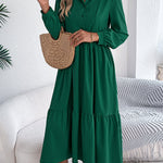 High Waisted Long Sleeves Pleated Ruffled Solid Color Lapel Midi Dresses Shirt Dress