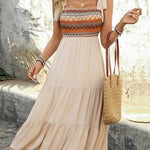 A-Line High Waisted Contrast Color Jacquard Pleated Split-Joint Adjustable Straps Midi Dresses