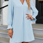 A-Line Long Sleeves Ruffled Solid Color V-Neck Mini Dresses
