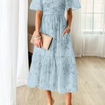 Square Neck Short Sleeve Ruched Floral Midi Dress
