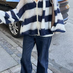 Margovil Lantern Sleeves Button Down Color Block Stripes Sweater with Scarf