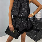 Margovil Halter Sleeveless Feather Hem Sequin Dress