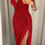 Margovil Off Shoulder High Slit Ruched Glitter Dress