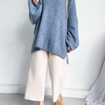 Stretch Mohair-Blend Balloon Sleeves Loose Solid Round-Neck Sweater Tops