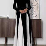 A-Line Long Sleeves Contrast Color Elasticity Pleated Split-Joint Round-Neck Evening Dresses Maxi Dresses