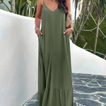 Loose Sleeveless Pleated Solid Color Split-Joint Spaghetti-Neck Maxi Dresses