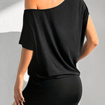 Raglan Sleeve Skinny Asymmetric Solid Color Split-Joint One-Shoulder Mini Dresses