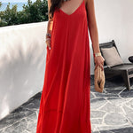 Loose Sleeveless Pleated Solid Color Split-Joint Spaghetti-Neck Maxi Dresses