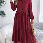 High Waisted Long Sleeves Pleated Ruffled Solid Color Lapel Midi Dresses Shirt Dress