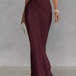 Women's Burgundy Stretch Jersey Dress With One-Shoulder Neckline & Ruched Waist, Timeless Luxe-Romantic Style Dress