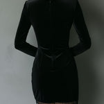 Chic Pleat Waist Black Velvet Mini Dress With Lace Trim