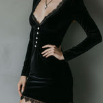 Chic Pleat Waist Black Velvet Mini Dress With Lace Trim
