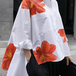 High-Low Long Sleeves Buttoned Flower Print Pockets Split-Side Stand Collar Blouses&Shirts Tops