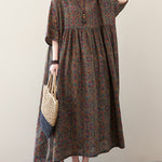 Vacation Loose Half Sleeves Floral Printed Pleated Round-Neck Midi Dresses