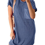 A-Line Loose Contrast Color Pockets Split-Joint Striped Round-Neck Mini Dresses
