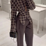 Vintage Plaid Shoulder Pad Buttons Long Sleeve Angled Hem Shirt