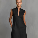Women's Jet Black Woven Dress With Sleeveless Silhouette & Side Pockets, Modern Effortless-Chic Style Dress