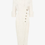 Elegant Look Linen Blend Stand Lapel Neck Half Sleeve Side Button Midi Dress