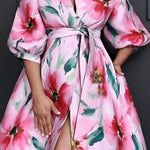 A-Line Half Sleeves Flower Print Tied Waist V-Neck Midi Dresses