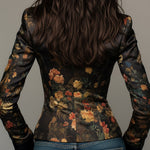 Elegant Oil Painting-style Floral Print Fitted Satin Blazer