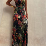 RAINFOREST PARADISE TROPICAL PRINT CUTOUT BACK CROSSOVER STRETCH MAXI DRESS